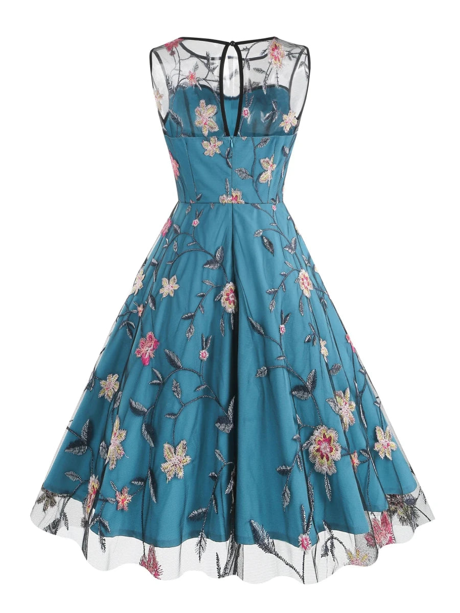 Robe Année 50 Bleu Ciel Fleurie - Louise Vintage