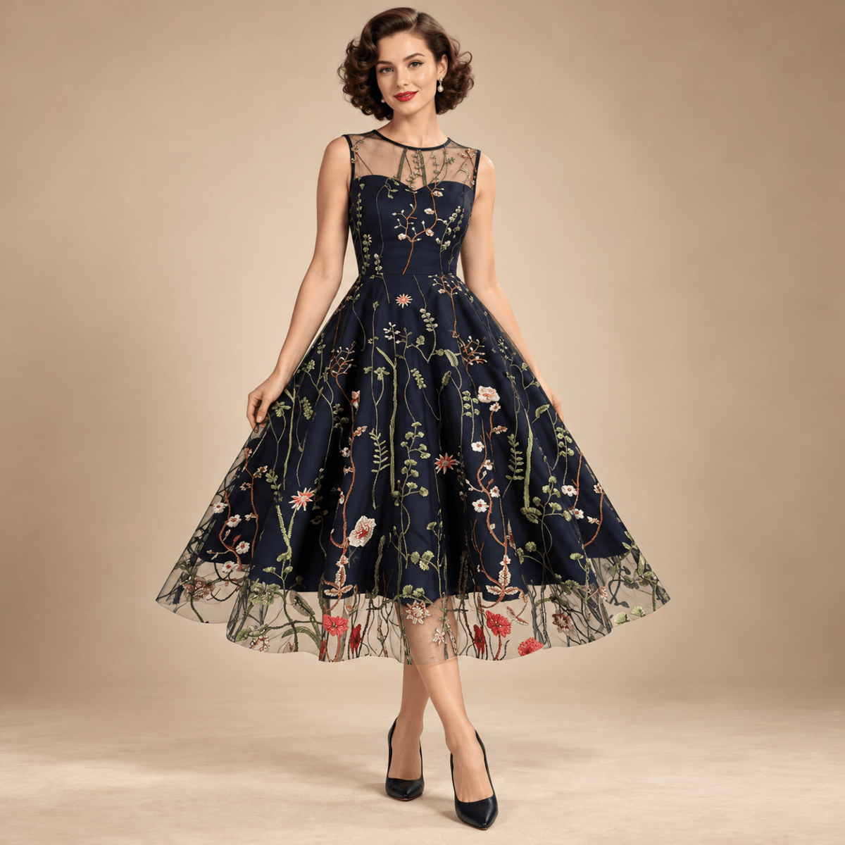 Robe Année 50 Fleur Noir - Louise Vintage