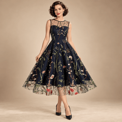 Robe Année 50 Fleur Noir - Louise Vintage