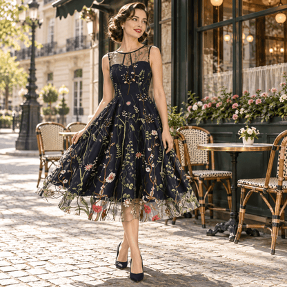 Robe Année 50 Fleur Noir - Louise Vintage