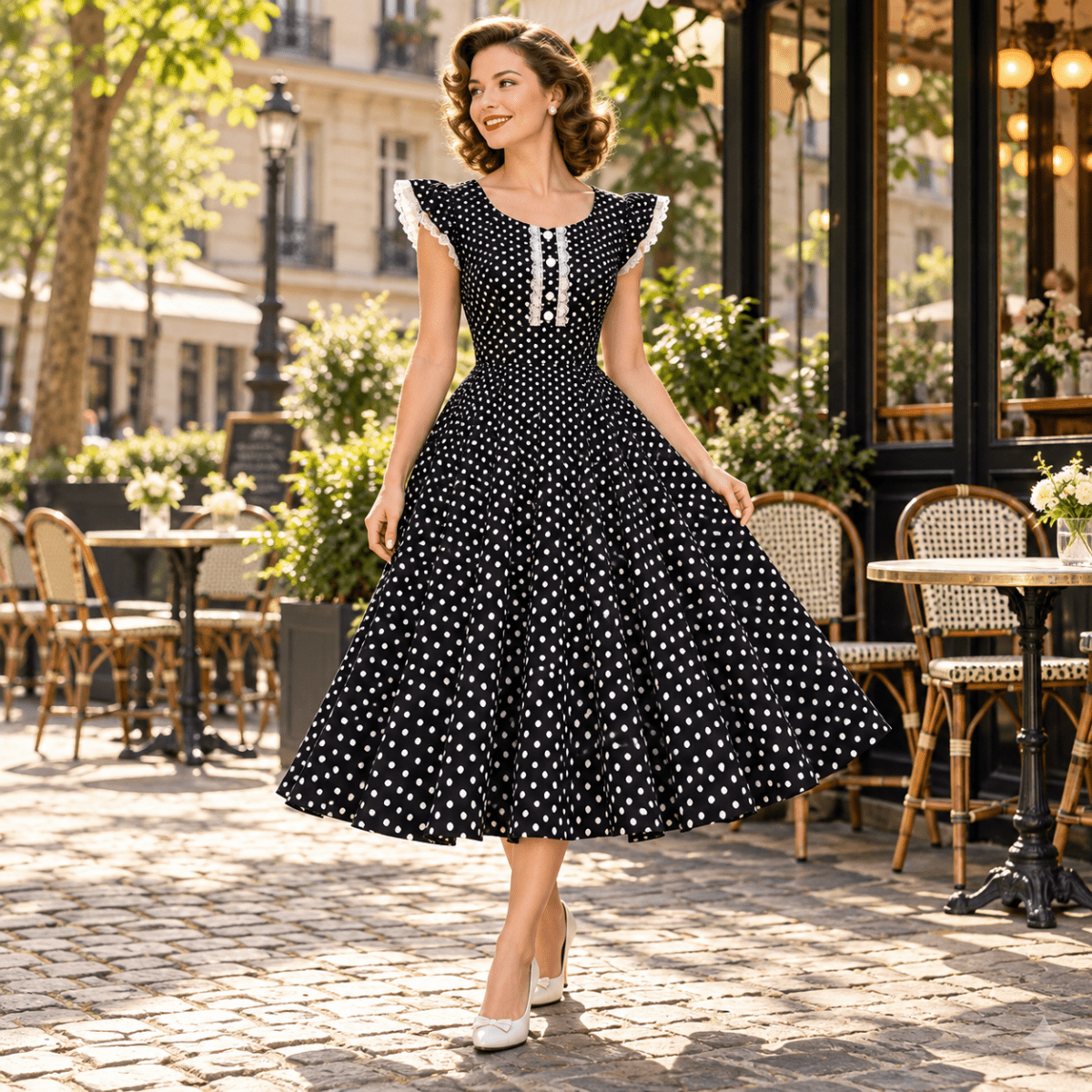 Robe Année 50 Noire Pois - Louise Vintage