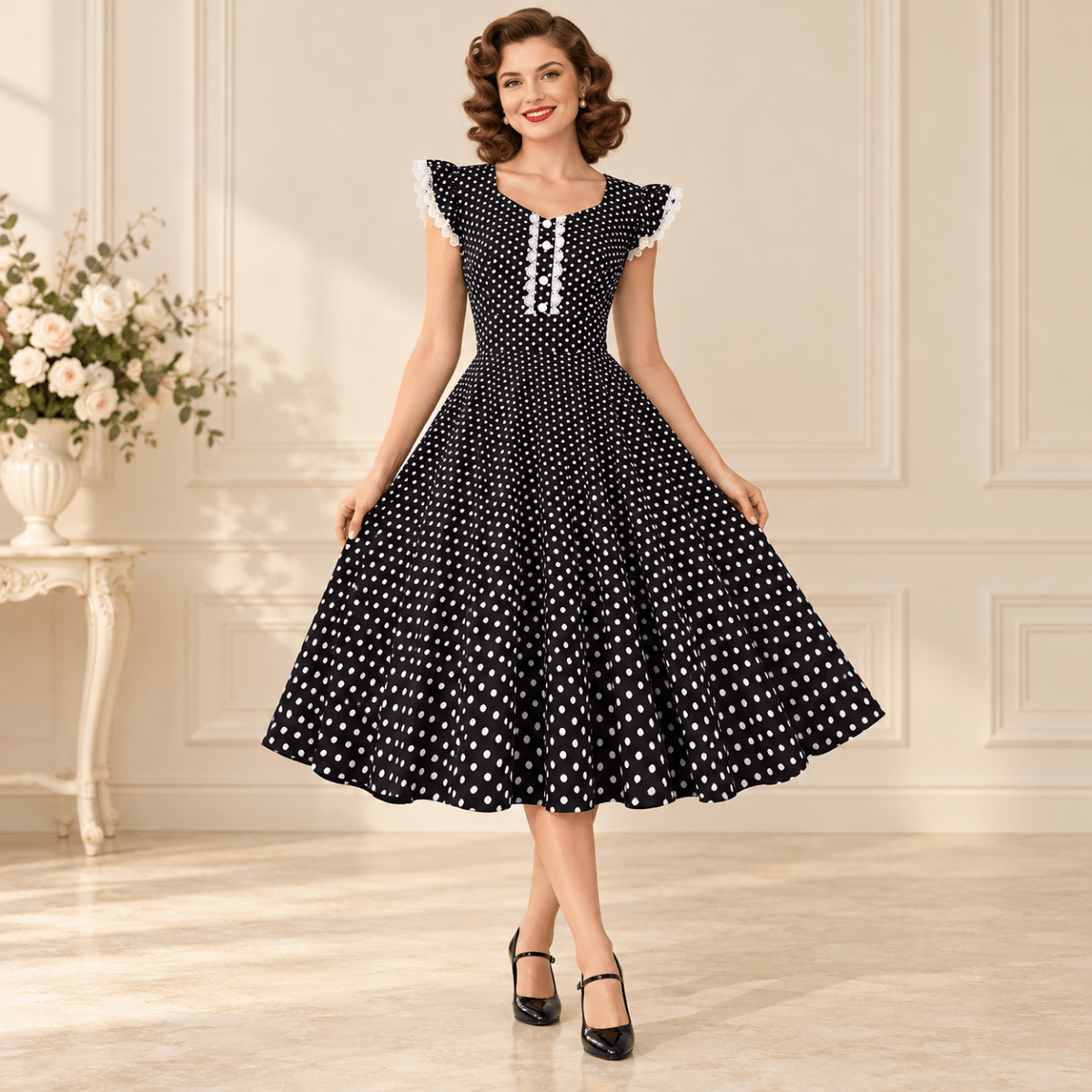 Robe Année 50 Noire Pois - Louise Vintage