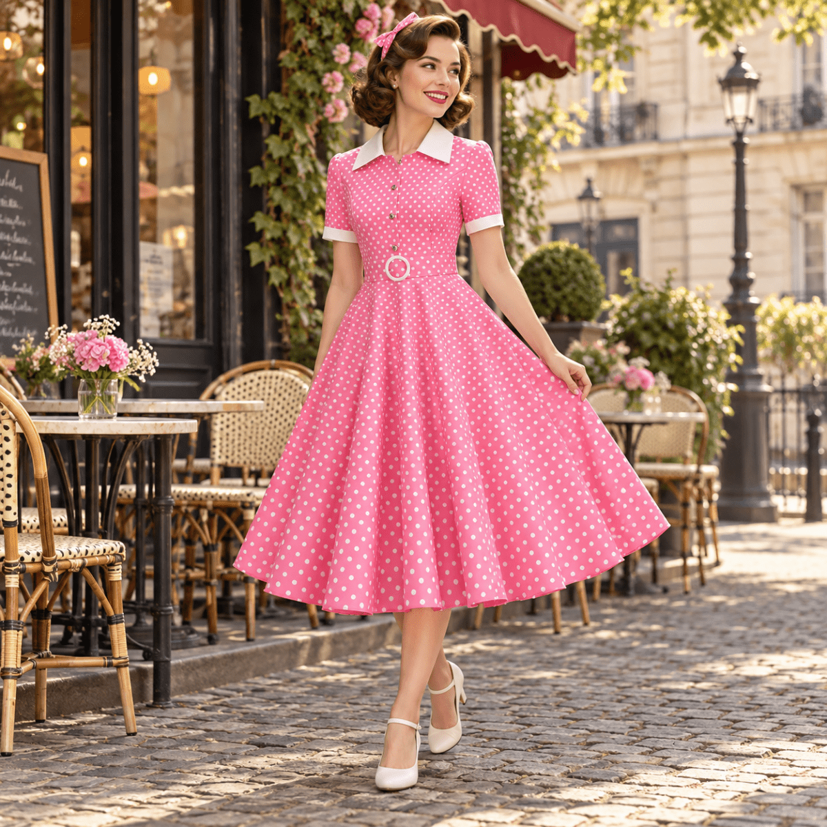 Robe Année 50 Rose Pois - Louise Vintage