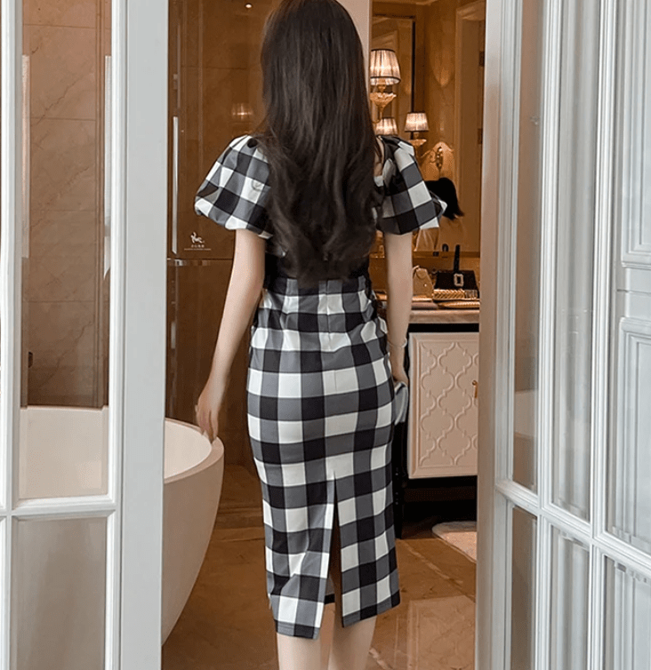 Robe Année 70 Vichy Noire - Louise Vintage