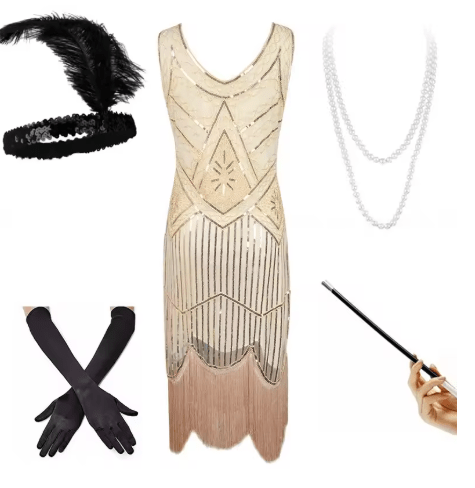 Robe Cabaret Année 20 Beige (Avec Accessoires) - Louise Vintage