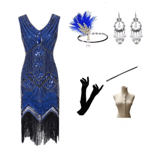 Robe de Cocktail Année 20 Bleue (Avec Accessoires) - Louise Vintage