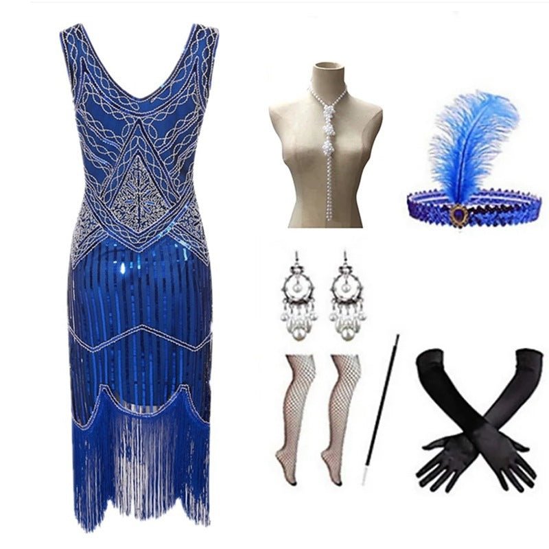 Robe de Cocktail Année 20 Bleue (Avec Accessoires) - Louise Vintage