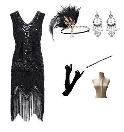 Robe de Cocktail Année 20 Noire (Avec Accessoires) - Louise Vintage