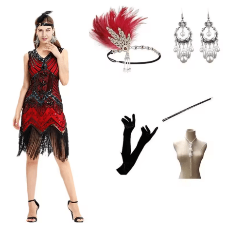 Robe de Cocktail Année 20 Rouge (Avec Accessoires) - Louise Vintage