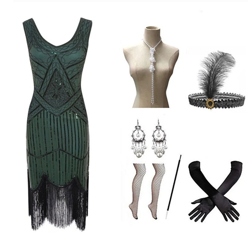 Robe de Cocktail Année 20 Verte (Avec Accessoires) - Louise Vintage