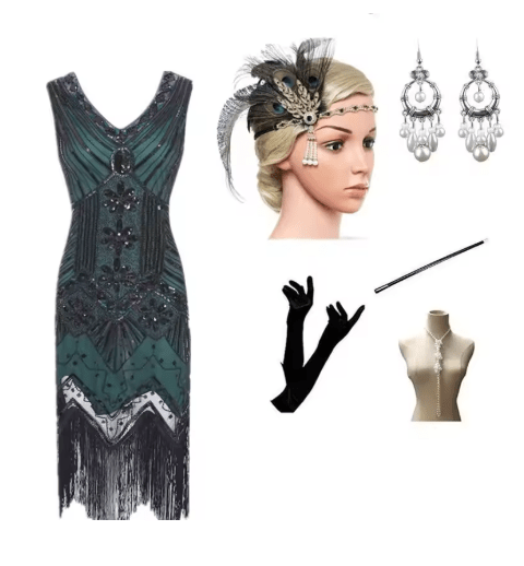 Robe de Cocktail Année 20 Verte (Avec Accessoires) - Louise Vintage