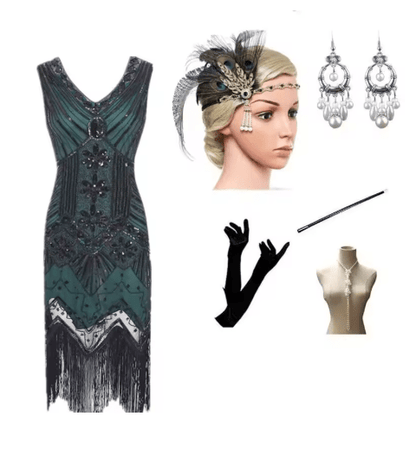 Robe de Cocktail Année 20 Verte (Avec Accessoires) - Louise Vintage