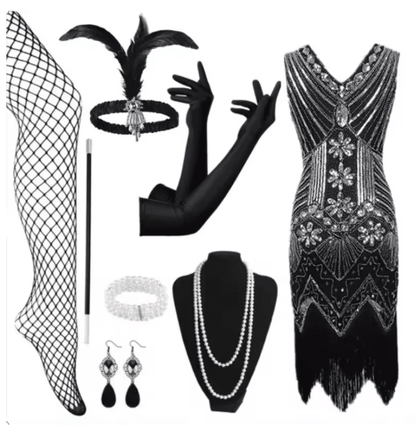 Robe des Années 20 30 Argent (Avec Accessoires) - Louise Vintage