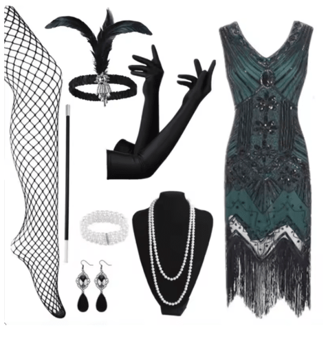 Robe des Années 20 30 Verte (Avec Accessoires) - Louise Vintage