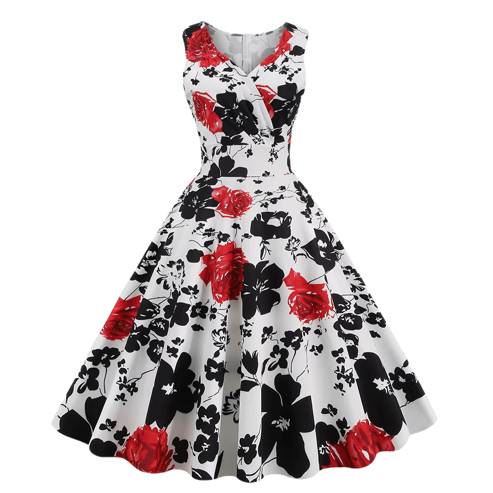 Robe Evasée Vintage Blanche Pois Fleurs - Louise Vintage