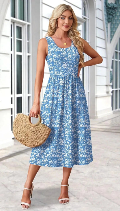 Robe Evasée Vintage Bleue Fleurs Blanches - Louise Vintage