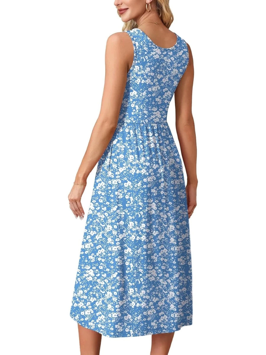 Robe Evasée Vintage Bleue Fleurs Blanches - Louise Vintage