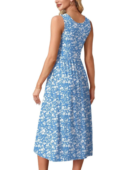 Robe Evasée Vintage Bleue Fleurs Blanches - Louise Vintage