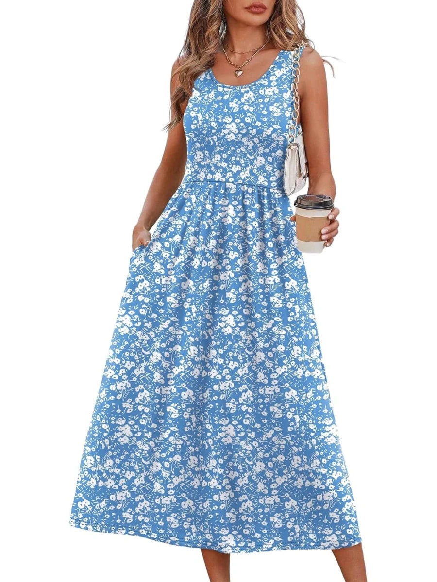 Robe Evasée Vintage Bleue Fleurs Blanches - Louise Vintage