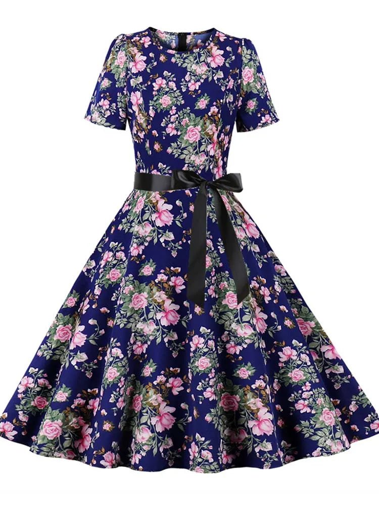 Robe Evasée Vintage Marine Fleurs Chic - Louise Vintage