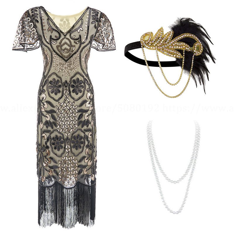 Robe Inspiration Année 20 Noire et Or (Avec Accessoires) - Louise Vintage