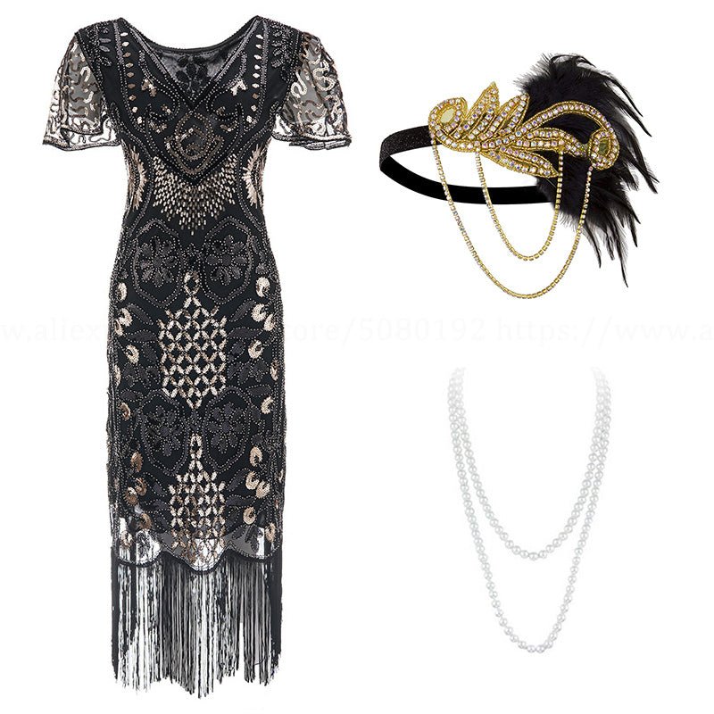 Robe Inspiration Année 20 Noire Or (Avec Accessoires) - Louise Vintage