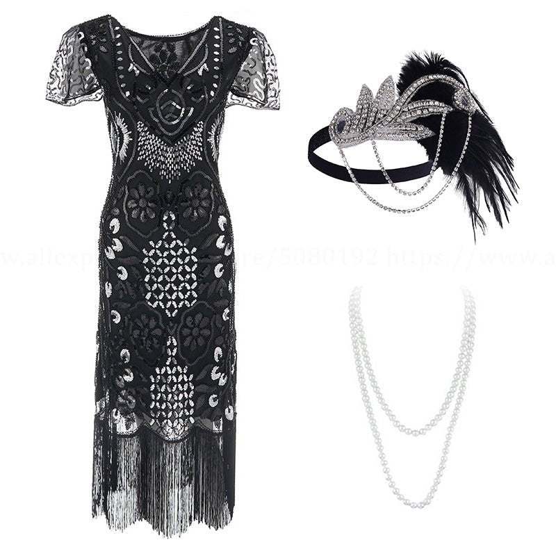 Robe Inspiration Années 20 Noir (Avec Accessoires) - Louise Vintage