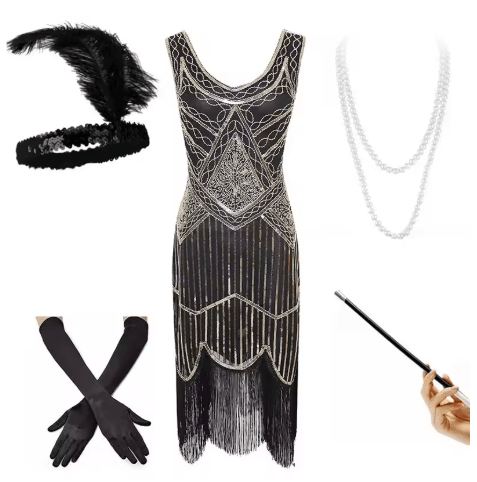 Robe Soirée Année 20 Noire Dorée (Avec Accessoires) - Louise Vintage