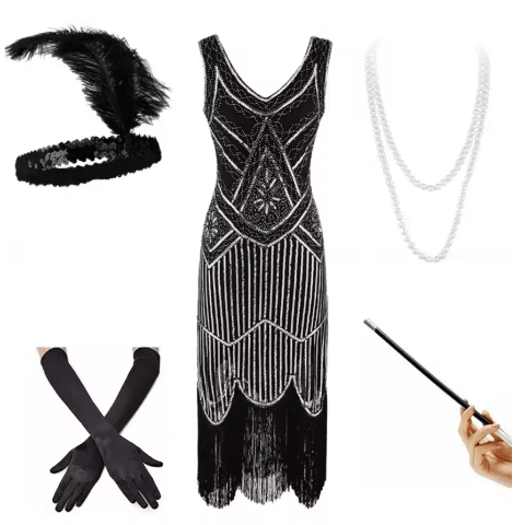 Robe Soirée Année 20 Noire Or (Avec Accessoires) - Louise Vintage