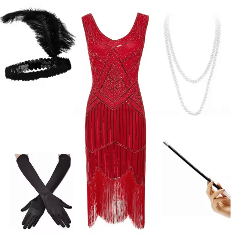Robe Soirée Année 20 Rouge (Avec Accessoires) - Louise Vintage