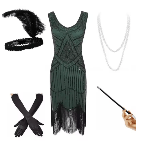 Robe Soirée Année 20 Verte (Avec Accessoires) - Louise Vintage