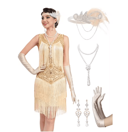 Robe Style Charleston Année 20 Beige (Avec Accéssoires) - Louise Vintage
