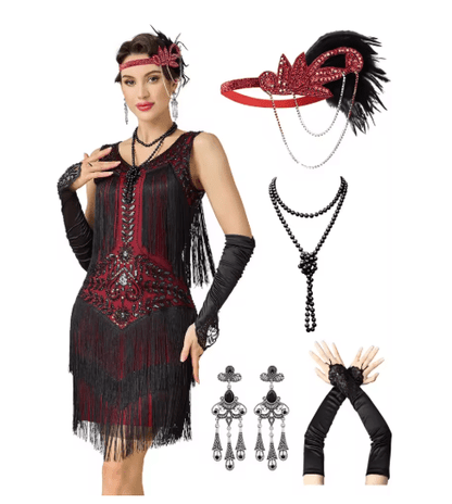 Robe Style Charleston Année 20 Rouge (Avec Accéssoires) - Louise Vintage