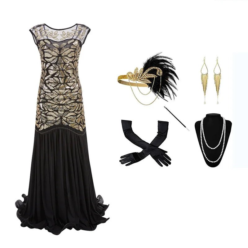 Robe Taille Basse Année 20 Noir Or (Avec Accessoires) - Louise Vintage