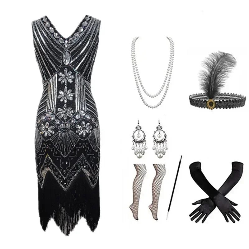 Robe Vintage Année 20 Argent Noir (Avec Accessoires) - Louise Vintage