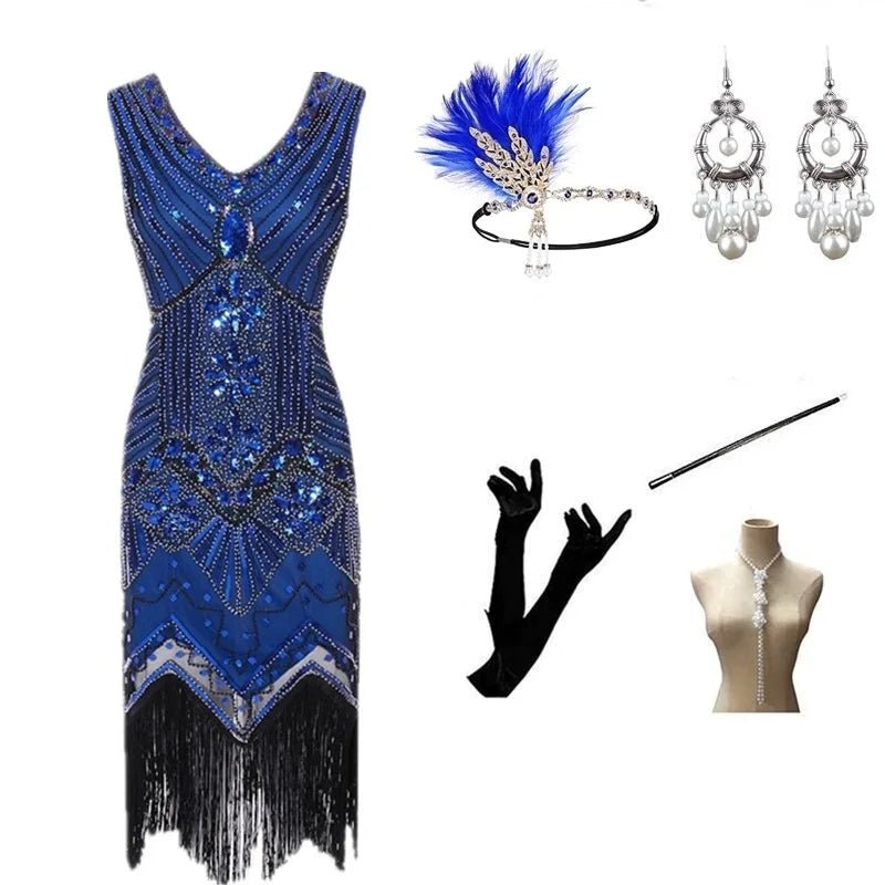 Robe Vintage Année 20 Bleu ( Avec Accessoires) - Louise Vintage