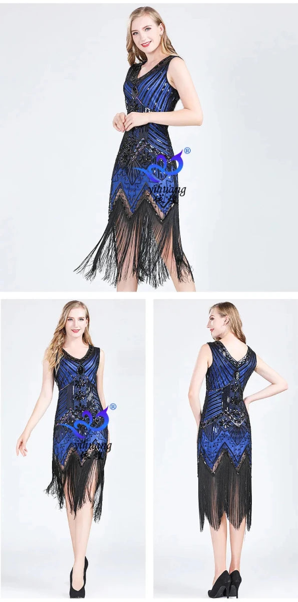 Robe Vintage Années 20 Gatsby Longue Bleu - Louise Vintage