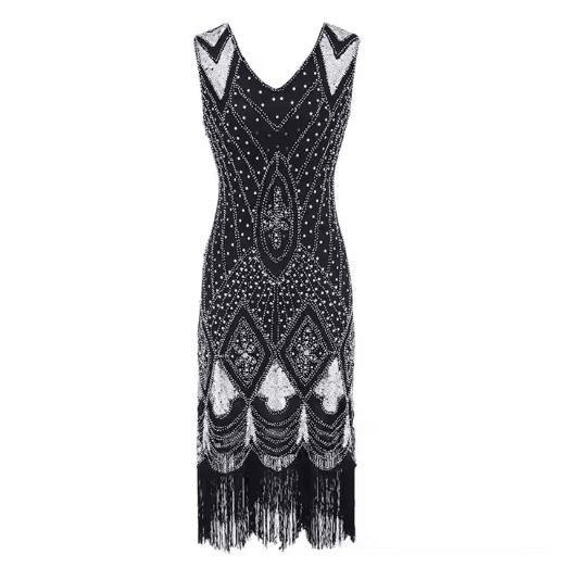 Robe Vintage Années 20 Sequins Noir Argent - Louise Vintage