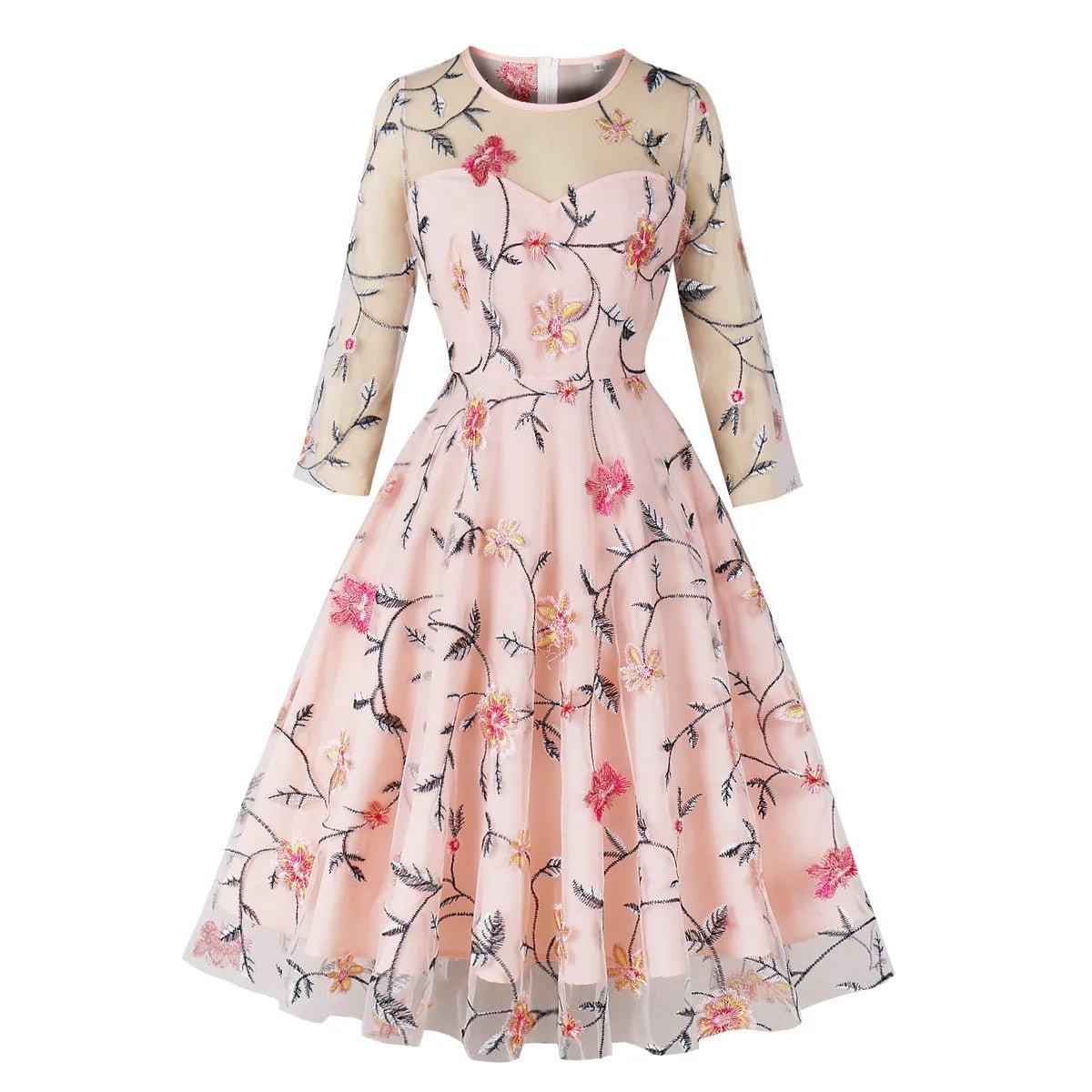 Robe Vintage Col Rond Creme Fleurs - Louise Vintage