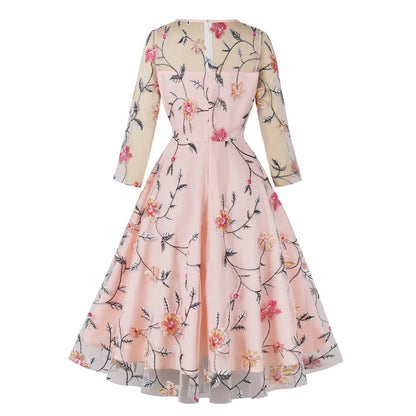 Robe Vintage Col Rond Creme Fleurs - Louise Vintage