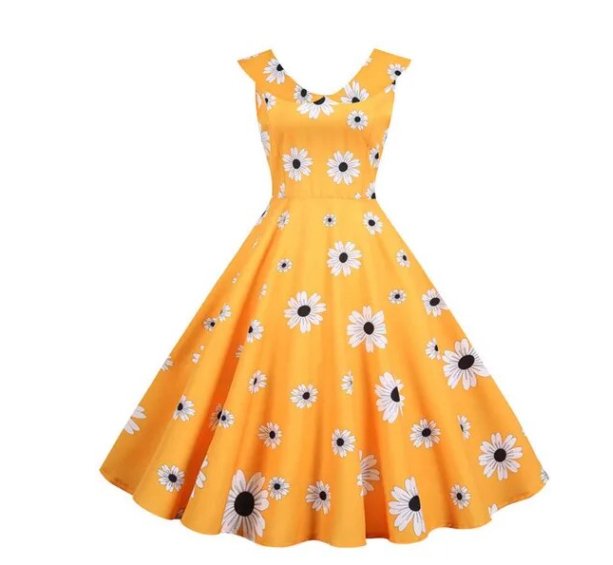 Robe Vintage Col Rond Jaune Fleurs - Louise Vintage