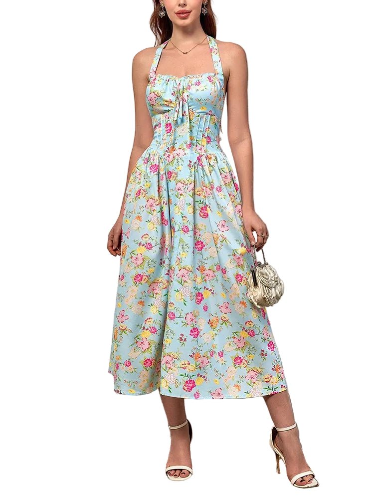 Robe Vintage Grande Taille Beige Bleu Fleurs - Louise Vintage