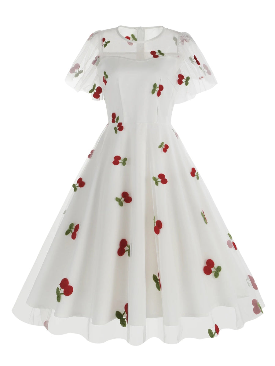 Robe Vintage Grande Taille Cerises Blanc - Louise Vintage