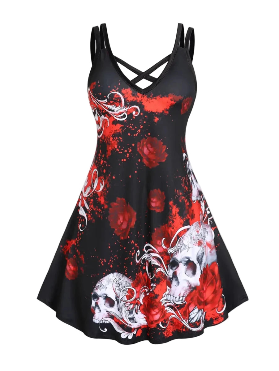 Robe Vintage Grande Taille Rouge Skull - Louise Vintage