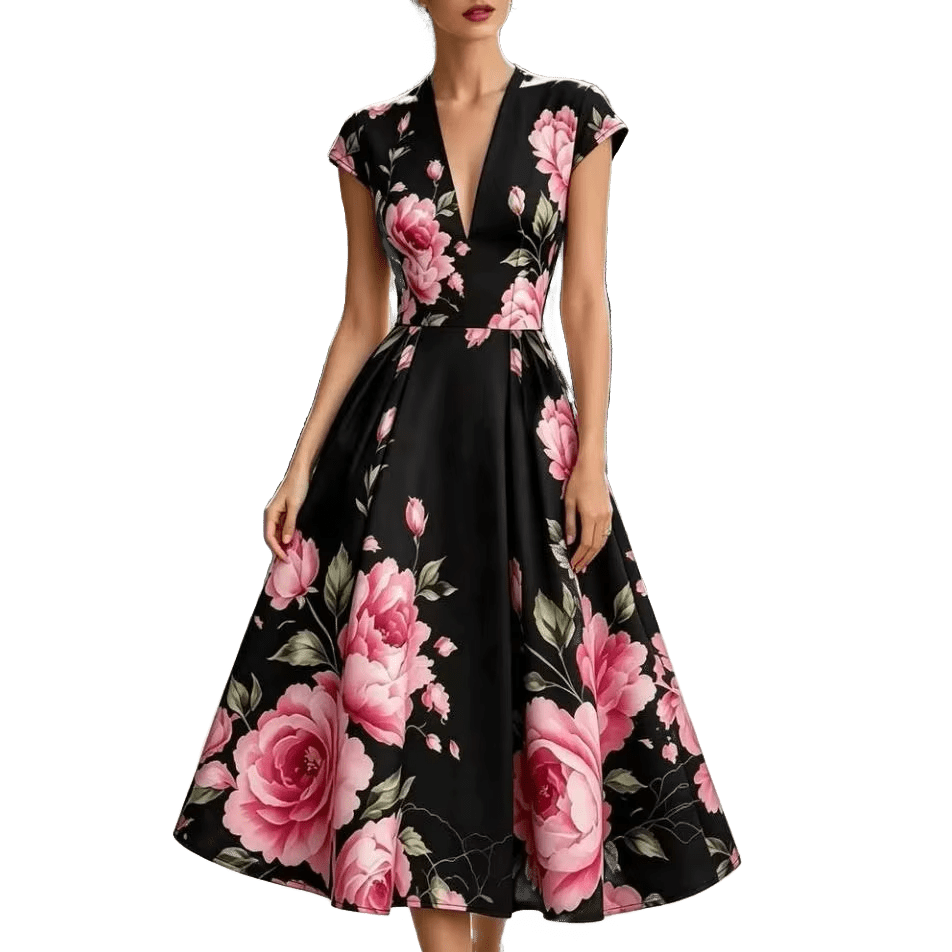 Robe Vintage Noir Roses - Louise Vintage