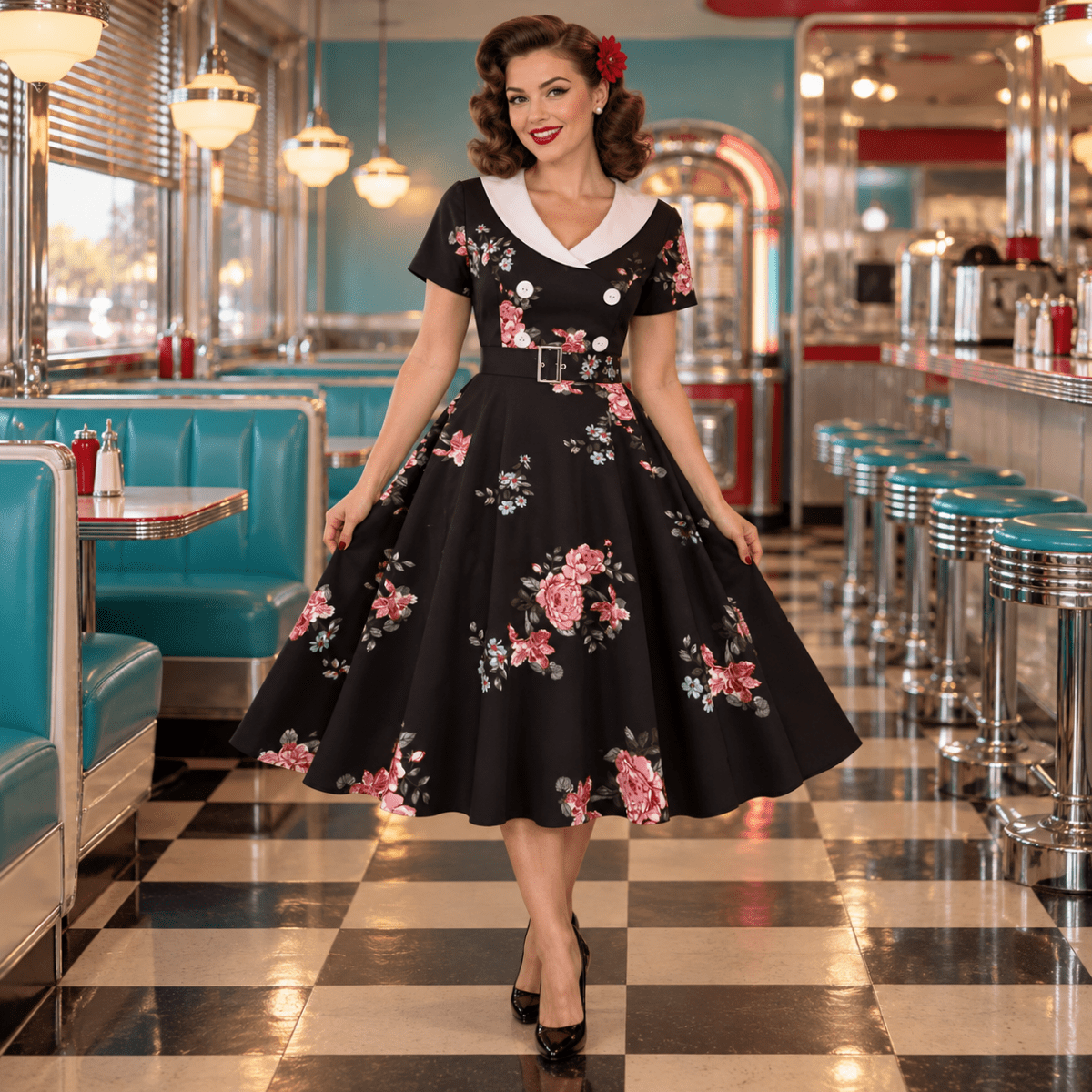 Robe Vintage Rockabilly 50s Fleurs - Louise Vintage