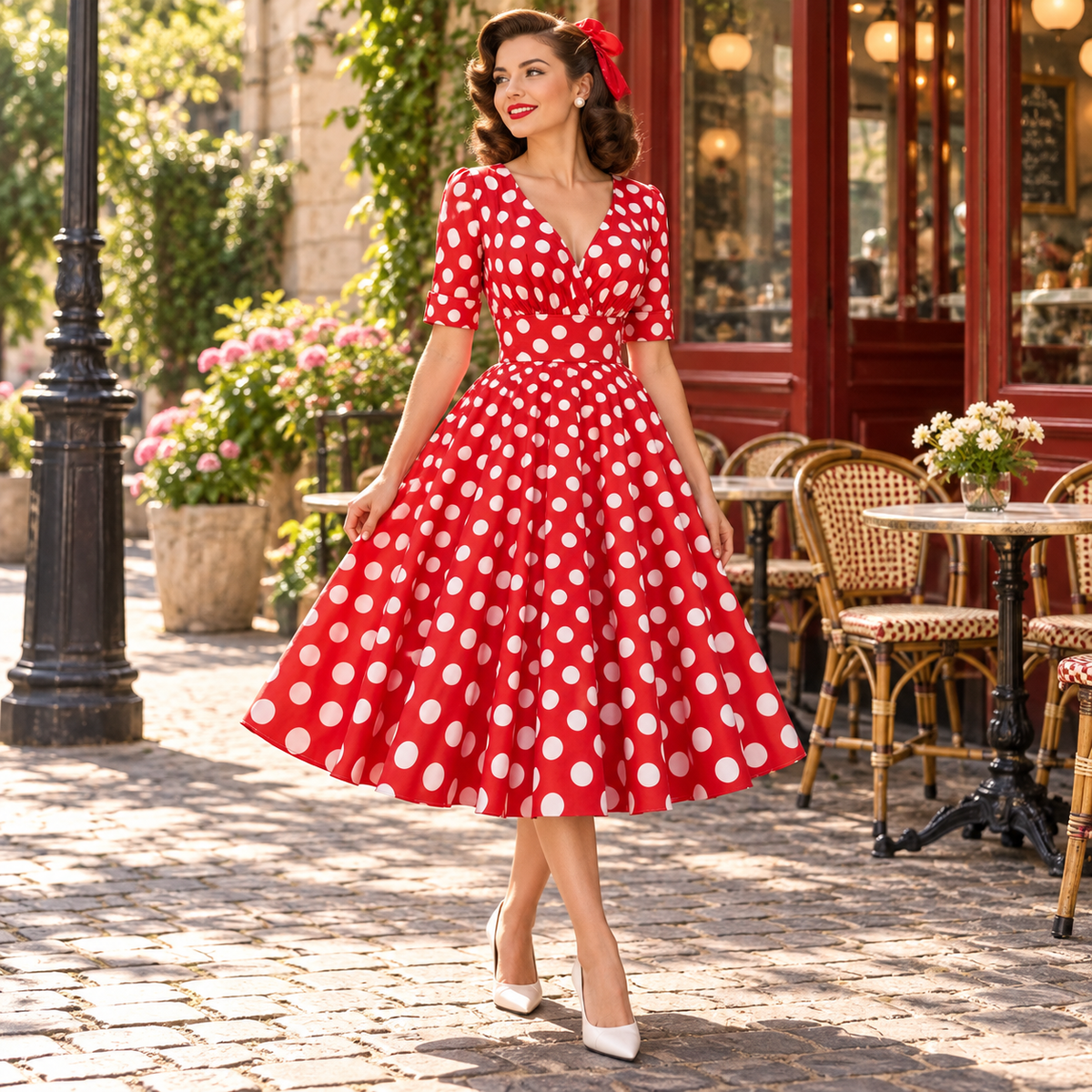 Robe Vintage Rockabilly 50s Rouge Pois portée en terrasse de café rétro, format carré
