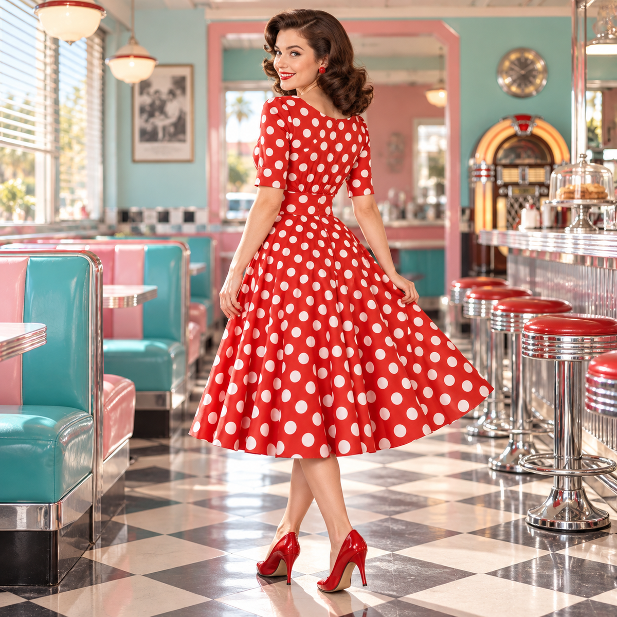 Robe Vintage Rockabilly 50s Rouge Pois portée dans un diner années 50, format carré