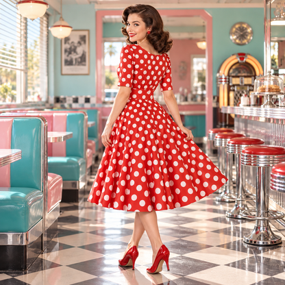 Robe Vintage Rockabilly 50s Rouge Pois portée dans un diner années 50, format carré
