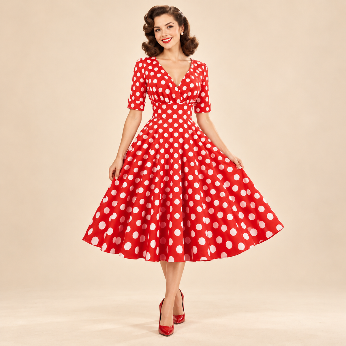 Robe Vintage Rockabilly 50s Rouge Pois portée en studio éditorial, format carré